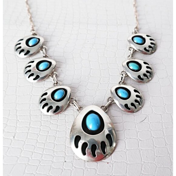 Navajo Vintage Turquoise Bear Paw Sterling Silver Necklace and Earrings Set - Picture 3 of 9